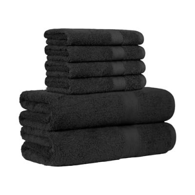 Image of Amazon Basics 6 Piece Fade resistant Bath towel set for bathroom, 100% Cotton soft and absorbent, 2 + 4 Hand Towels, Black