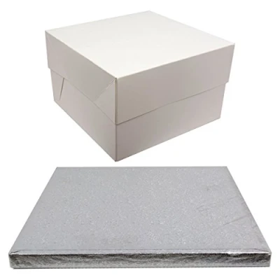 Image of Silver Drum Square Cake Board and White Transporting Box. (14 Inch)