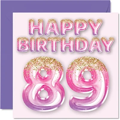 Image of 89th Birthday Card for Women Pink &amp; Purple Glitter Balloons Happy Cards 89 Year Old Woman Mum Great Nanny Grandma Gran, 145mm x Eighty Nine Ninth Bday Greeting Gift