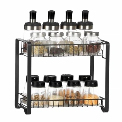 Image of SONGMICS Spice Rack, 2 Tier Metal Kitchen Storage Rack with Plastic Boards, Non Slip Feet for Kitchen, Bathroom, Black KCS013B01