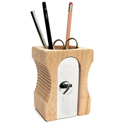Image of SUCK UK Pen Holder Wooden Desk Tidy &amp; Pencil Sharpener Shaped Accessories Organiser Storage For Stationary Supplies Decorative Office Gifts Dark