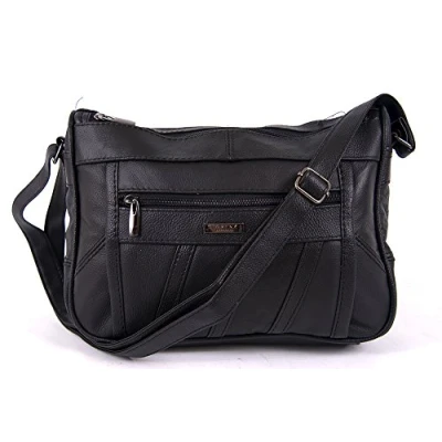 Image of Lorenz cowhide real leather handbag with twin zip main compartments 3796 (Black)