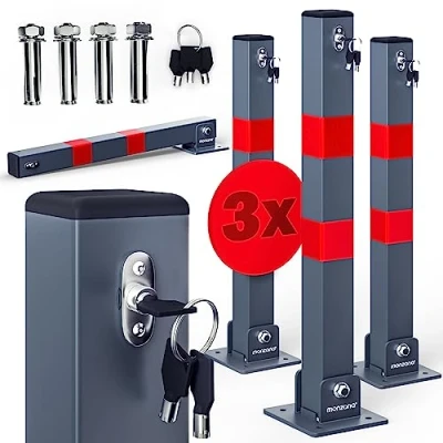 Image of DEUBA® 3X Car Security Barrier for Driveways Telescopic Retractable Parking Space Bollard 3 Keys Pre Drilled Base Plate, Reflective Strips
