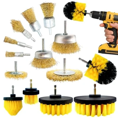 Image of Wire &amp; Plastic Drill Brushes for Cleaning 9 Piece Brush Rust, Paint, Wood, Metal 5 Attachment Carpet, Tub, Sink, Tiles, Baseboards Pack of 14