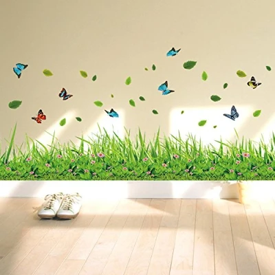 Image of ufengke® Green Grass Flowers Butterflies Wall Decals, Living Room Bedroom Baseboard Removable Stickers Murals