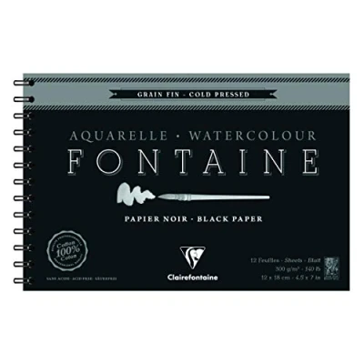 Image of Clairefontaine Ref 975310C Fontaine Cold Pressed Black Watercolour Wirebound Pad (12 Sheets) 12 x 18cm Size, 300gsm Paper Suitable for Artwork