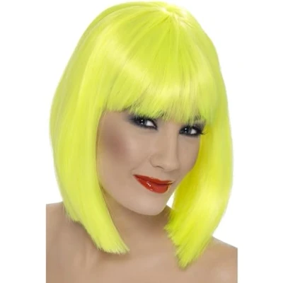 Image of Smiffys Glam Wig, Neon Yellow Short, Blunt with Fringe, Ladies Glamour Wigs Fancy Dress, Adult Dress Up
