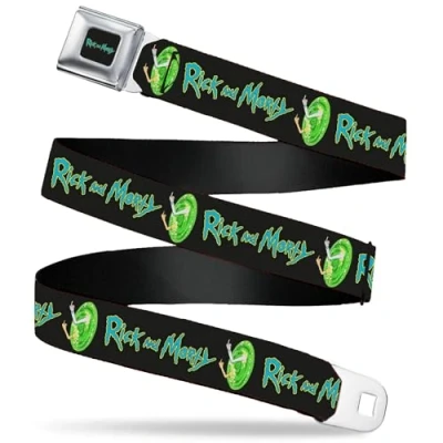 Image of Rick and Morty Belt, Seatbelt Buckle Title Logo Middle Finger Portal Jump Black, Adjustable, 3.81 cm Wide