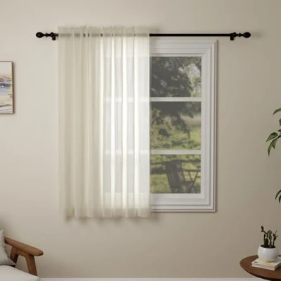 Image of Pacok Cream Voile Curtains, 45 Drop Net Curtain for Windows, Rod Pocket Sheer Panel Curtains Living Room Kitcken Bedroom W56xL45 Inch(Cream, 142 x 114cm)