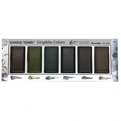 Image of Kuretake Gansai Tambi GRAPHITE Colors, 6 Color set, Watercolor Paint Ideal for Calligraphy, Illustrations, Brush Lettering, Fineart and more, Black Sumi Ink color, Made in Japan, MC20GR/6V
