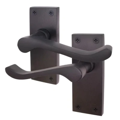 Image of EAI Black Victorian Scroll Door Handles 1 Pair of Matt Internal Lever Latch on Backplate