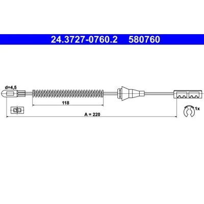 Image of 522417, 90575127 Brake Cable ATE 24.3727 0760.2 220mm VAUXHALL: Vectra Mk1 CC