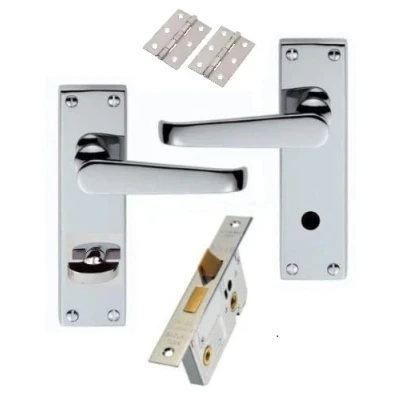 Image of Golden Grace Victorian Straight Polished Chrome Bathroom Door Handles + 64mm Lock Set and 1 Pair of 3&quot; Butt Hinges