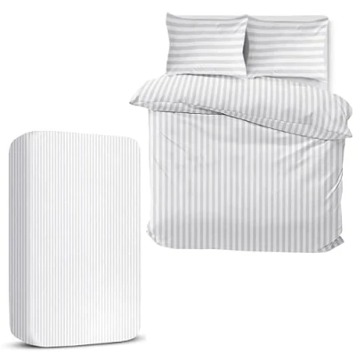 Image of MOONLIGHT20015 Double Duvet Set 4 Piece Satin Stripe Cover Sets Soft Brushed Microfiber Bedding with Fitted Sheet &amp; 2 Pillow Cases (White, 200x200 cm)