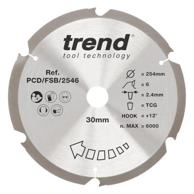 Image of Trend PCD Fibre Cement Circular Saw Blade, 254mm Diameter, 30mm Bore, 6 Teeth, 2.4mm Kerf, +12 Hook, PCD, Coarse Finish, PCD/FSB/2546