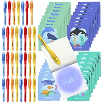 Image of BONNYCO Invisible Ink Pen and Notebook, Pack 32 Sea Animals Ocean Party Bags Fillers, Pinata Toys Birthday Decorations Stocking Fillers for Kids School Prizes, Gifts Children