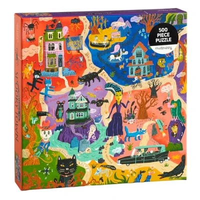 Image of Mudpuppy 9780735382343 Welcome 500 Piece Family Jigsaw Puzzle Featuring Bold and Spooky Illustrations of A Haunted Town Filled with Goblins Ghouls Monsters