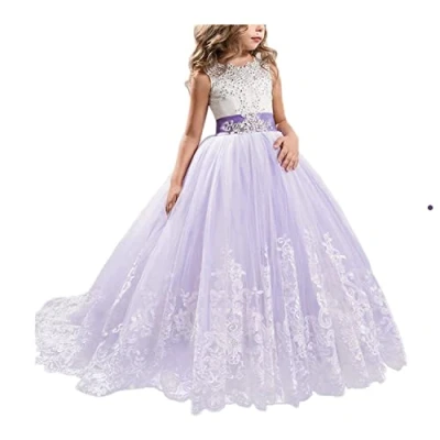 Image of NNJXD Girls Lace Tulle Embroidered Princess Prom Ball Gown Formal Party Long Tail Dresses Size (140) 8 9 Years 406 Purple A