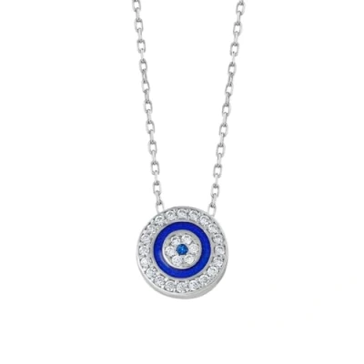 Image of MYSTIC JEWELS By Dalia 925 Sterling Silver Round Evil Eye Necklace with Cubic Zirconia and Enamel Gift for Women, 1 cm,