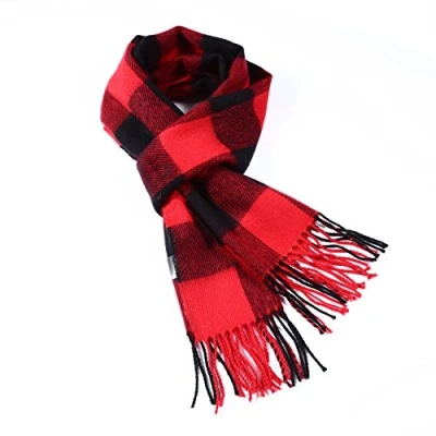 Image of A.WAVE Softer than Cashmere Wool Touch Tassel Ends Plaid Check Solid Scarf (BUFFLO RED)