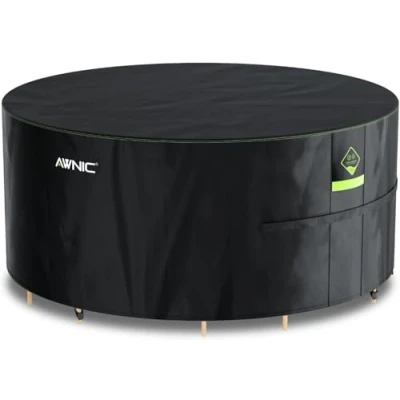 Image of AWNIC Garden Furniture Cover Waterproof with Hooks Heavy Duty 420D Oxford, Windproof Anti UV Outdoor Patio Table Covers Air Vent Hot Tub Pool Cover, Round Black (Ø160*71cm)