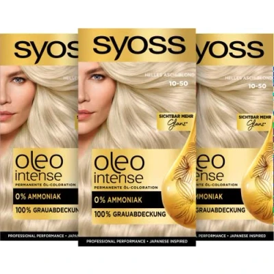 Image of Syoss Oleo Intense Oil Colouration 10 50 Light Ash Blonde Level 3 (3 x 115 ml), Permanent Hair Colour with Nourishing Oil, without Ammonia