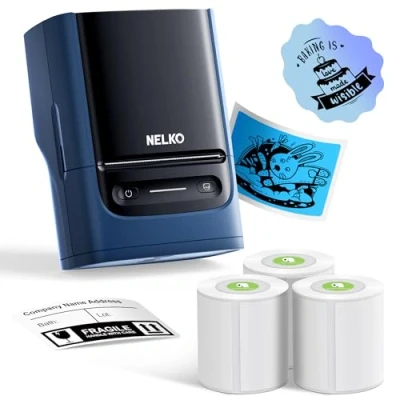 Image of Nelko Label Maker Machine with Tape, PM220 Bluethooth Printer, 2 Inch Portable Thermal Printer for Small Business, Logo, Clothing, Sticker Phones &amp; PC, 3 Labels, Deep Blue