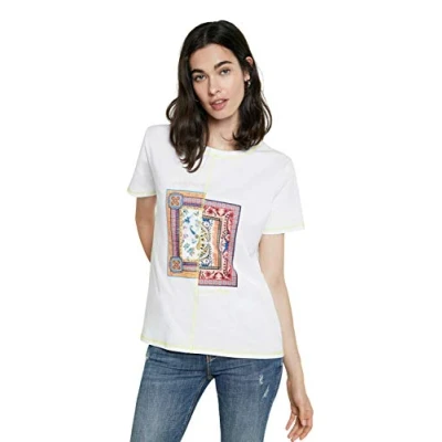 Image of Desigual Women&#039;s White Verona Embossed Sailor Tshirt with Striped Back S