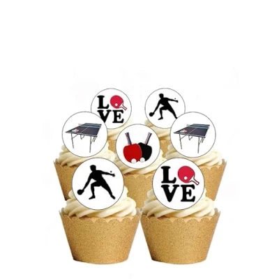 Image of 24 Precut Round Table Tennis Ping Pong themed Edible Wafer paper Cake Toppers