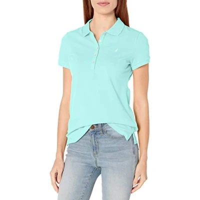 Image of Nautica Women&#039;s 5 Button Short Sleeve Breathable 100% Cotton Polo Shirt, Aruba Blue, L