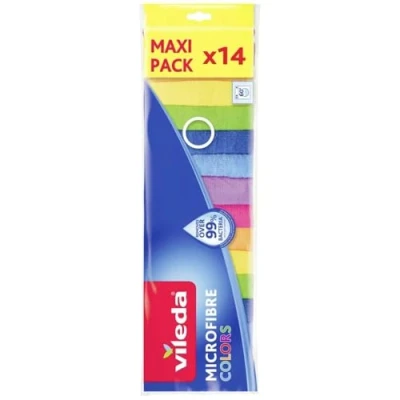 Image of Vileda Microfibre Multi Purpose Cloths Colours, Cleaning for Dry and Wet Use, 100% Material, 30 x cm, Multicoloured, Maxi Pack, Pack of 14