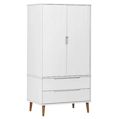 Image of vidaXL MOLDE White Wardrobe Solid Pine Wood Scandinavian Style Cabinet Closet UV Varnished Highboard Armoire with Drawers and Door Compartment for Bedroom Storage