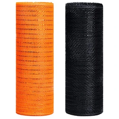 Image of NAUZE 2 Rolls 10 Inch x Yards Halloween Poly Mesh Ribbon Black Orange Metallic Foil Deco for Wreath Swags (Black, Orange)