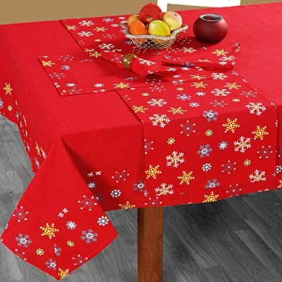 Image of HOMESCAPES Christmas Tablecloth Red Snowflake Border x Mas design 54 90 Inch 100% Cotton White Green and Colour Washable at Home