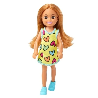 Image of Barbie Chelsea Doll, Small Doll Wearing Removable Heart Print Dress and Shoes, Brunette Hair &amp; Brown Eyes, HNY57