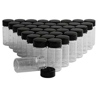 Image of Rowiz 20ml Clear Glass Vials with Scale Black Screwcap Small Perfume Bottle Liquid Sampling Sample Bottles for Lab, Pack of 36