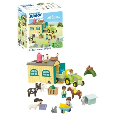 Image of Playmobil 71656 JUNIOR: Farm Adventure with Tractor, Trailer and Animal Friends, educational toy, made from over 90% plant based plastics, fun playset suitable for children ages 1+