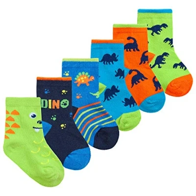 Image of Metzuyan Baby Boys 6 Pair Cotton Rich Multi Pack Novelty Design Socks Neon Dino 0