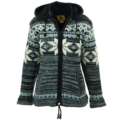 Image of LOUDelephant Hand Knitted Wool Hooded Jacket Cardigan Ladies Cut Fairisle Grey (X Large)