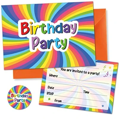 Image of 12 x Bright Rainbow Birthday Party Invitations with Orange Envelopes &amp; Matching Stickers