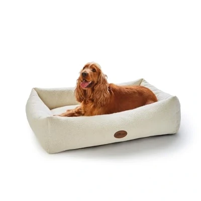 Image of Silentnight Deep Sleep Ultimate Dog Bed Premium Bouncy Fibres and Support Sides for Comfort Removable Luxurious Plush Cover Machine Washable &amp; Non Slip Base Pet Bed, Natural, Medium 60x75x19cm
