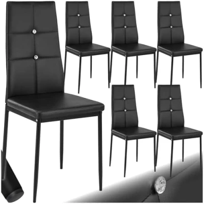 Image of TecTake® Set of 6 Dining Chairs with Faux Leather Covers &amp; Rhinestones, Chair High Backrests, Slim Steel Legs Soft Padding, Ideal as Kitchen Room Black