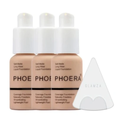 Image of Glamza Phoera Foundation Full Coverage Makeup Set 24hr Long Lasting Oil Control Soft Smooth Matte Flawless Concealer Cream Inc x3 30ml &amp; Silicone Blender Sponge (103 Warm Peach)