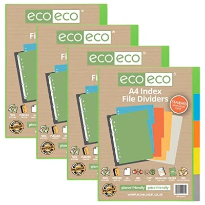 Image of eco A4 50% Recycled Multipunched Reinforced Colour Set 5 Subject Index File Dividers 200mic (Pack of 4) eco071x4