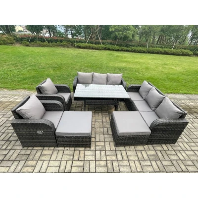 Image of Patio Rattan Garden Furniture Set with Oblong Rectangular Dining Table 10 Seater Outdoor Lounge Sofa Dark Grey Mixed Fimous