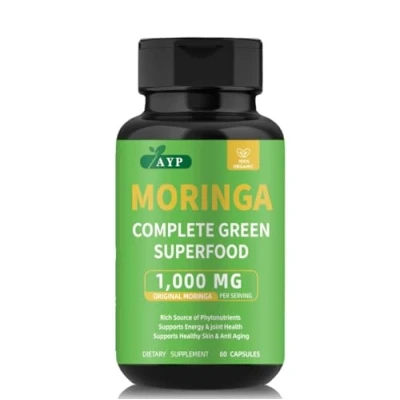 Image of AYP Organic Moringa Capsules Complete Green Superfood Dietary Supplement with 1000mg Oleifera Leaf Extract per Serving Rich in Antioxidants, Vitamins, Minerals 60