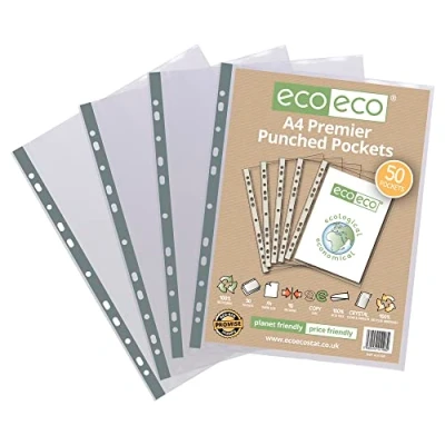 Image of eco A4 100% Recycled Premier Multi Punched Pockets Glass Clear, Transparent Poly Wallet Sheet Protector, 90 Microns (Pack of 50), eco108