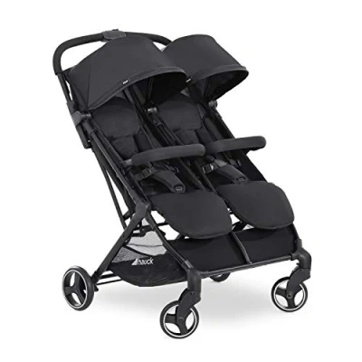 Image of hauck Swift X Duo, Black Twin Pushchair with Raincover, Side by Double Stroller (only 75 cm wide), Compact &amp; One Hand Folding, Lie Flat Position