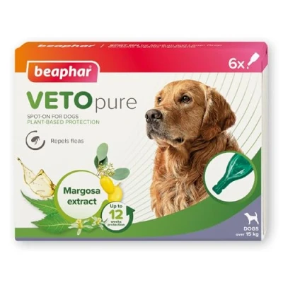Image of Beaphar VETOpure Flea Spot On for Dogs over 15kg, 3 pipettes Plant Based Protection Repels Fleas up to 4 Weeks Pack Provides 12 Contains Margosa