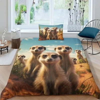 Image of INTCHE Meerkat 3D Printed Bedding Set with Pillowcase,Duvet Cover Zipper Closure,Soft Microfiber Quilt Single（135x200cm）